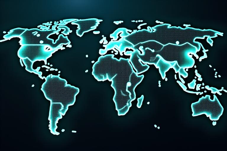 A world map with glowing points indicating global cybersecurity threat activities.